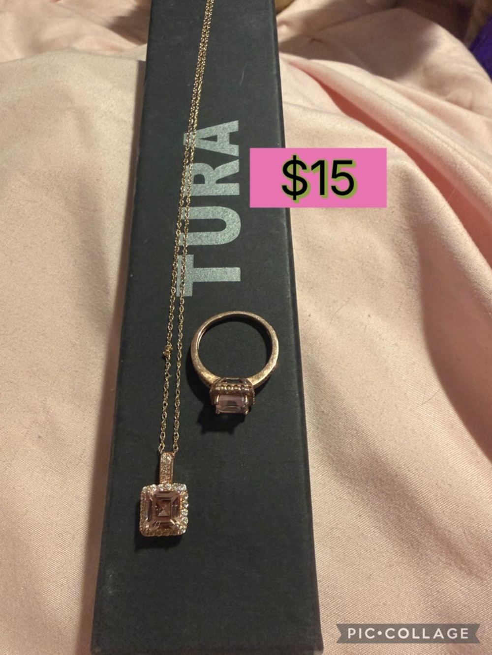 Pink Stone Halo Necklace and Ring Set